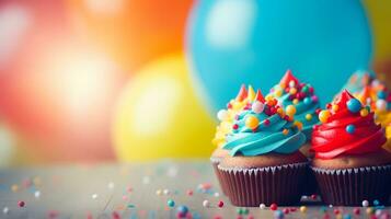 aniversário copo bolo com balões fundo ai gerado foto