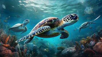 mar tartaruga embaixo da agua. ai gerado foto