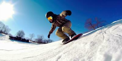 snowboard entusiasta planador baixa Nevado montanha terreno - generativo ai foto