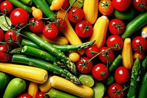 colorida colheita - maduro legumes e fresco ervas conjunto - generativo ai foto