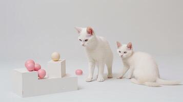 branco gato jogando com brinquedos dentro uma branco quarto ai generativo foto