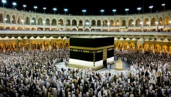 Caaba ligar - muçulmanos acionado dentro tradicional hajj procissão - generativo ai foto