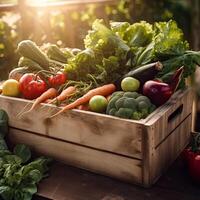 nutritivo abundância - fresco vegetal conjunto dentro uma de madeira caixa - generativo ai foto