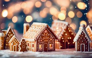 delicioso Natal Pão de gengibre casas em borrado festivo fundo - generativo ai foto