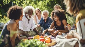 feliz Senior diverso pessoas sentado em cobertor e tendo piquenique dentro jardim foto