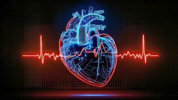 vermelho brilho cardiovascular conceito - humano coração e néon cardiograma - generativo ai foto