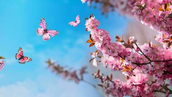 Rosa cereja flores. Primavera bandeira, galhos do florescendo cereja contra fundo do azul céu e borboletas em natureza ao ar livre. ai generativo. foto