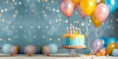 mágico momentos - aniversário bolo e colorida balões - generativo ai foto