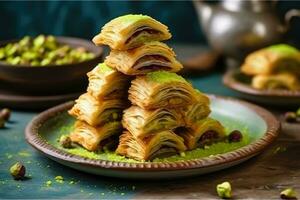 uma fatia do turco deleite - tentador baklava sobremesa - generativo ai foto
