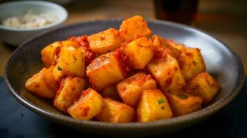 uma tigela do batatas com molho e uma vidro do Cerveja foto