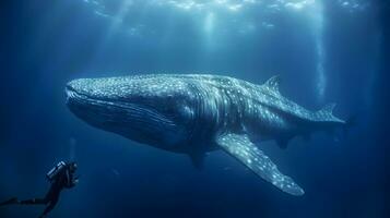 pessoa mergulho com baleia dentro profundo azul oceano. ai gerado foto
