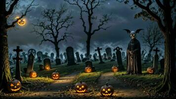 uma assustador cemitério dia das Bruxas cena ai gerado foto