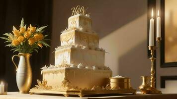 uma celebração do deleite com a elegante aniversário bolo dourado ai gerado foto