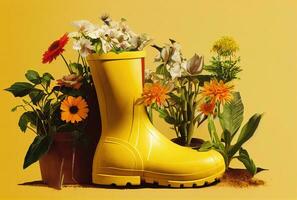 campo e jardim flores dentro amarelo Bota de chuva, em vaso plantas. generativo ai foto