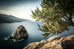 Oliva árvore em Alto Colina acima mar, Mediterrâneo panorama. generativo ai foto