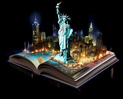 uma livro com uma estátua do liberdade e uma cidade. generativo ai foto