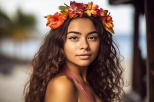 retrato do a atraente jovem mulher em tropical de praia generativo ai foto