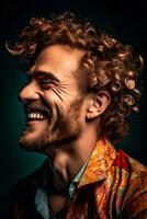 alegre estúdio retrato do uma sorridente europeu homem com encaracolado vermelho cabelo, fechar-se, suave luz, ai gerado arte foto