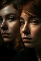 retrato do dois cabelo castanho mulheres, fechar-se, natural suave iluminação, ai gerado arte foto
