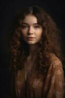 retrato do uma europeu mulher dentro simples rústico roupas em uma campo fundo, , natural foto, suave luz, ai generativo arte foto