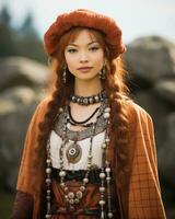 uma lindo mulher com grandes vermelho cabelo vestindo tradicional roupas generativo ai foto