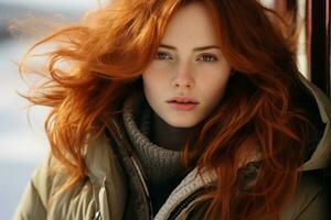 uma lindo vermelho cabelos mulher com azul olhos generativo ai foto