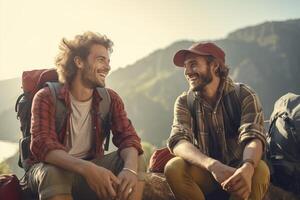 dois amigos caminhada dentro montanhas, falando e rindo. ai generativo foto