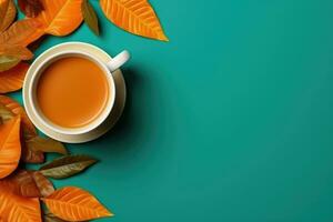 copo do fresco quente chá com outono folhas e xadrez, topo Visão plano deitar, ai gerado foto