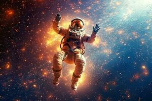 astronauta flutuando em a espaço com universo galáxia estrelas fundo, para a lua, explorar a universo, Ciência astronomia conceito, cósmico ficção, com generativo ai. foto