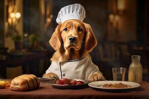 fofa cachorro dourado retriever chefe de cozinha com traje pronto para cozinhando para jantar dentro cozinha sala, engraçado momento, ingrediente para culinária, animal conceito, com generativo ai. foto