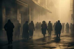 uma nebuloso grupo do não identificado pessoas encontro em a rua foto