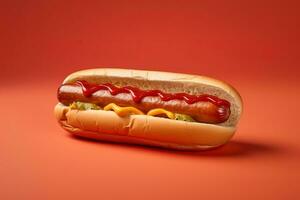 quente cachorro com mostarda e ketchup isolado em uma vermelho fundo. ai gerado foto