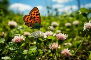 trevo e flores silvestres Flor dentro uma verão Prado enquanto uma escasso cobre borboleta vibra acima foto