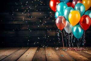 colorida balões e confete contra uma pano de fundo do madeira foto