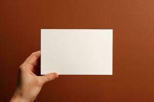 uma humano mão segurando uma em branco Folha do branco papel ou cartão isolado em Castanho fundo. ai gerado foto