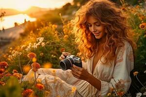 jovem menina capturando pôr do sol momentos dentro uma verão parque com dela Câmera foto