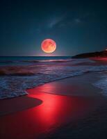 uma misterioso de praia às noite, iluminado de uma vermelho lua, com a Sombrio mar alongamento Fora para dentro a horizonte. ultra realista. generativo ai foto