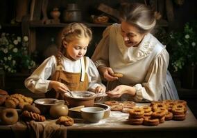 mãe e menina cozinhando juntos foto