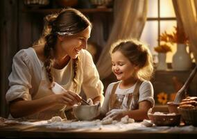 mãe e menina cozinhando juntos foto