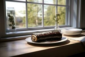 chocolate suíço lista bolo revestido com chocolate salgadinhos em mesa principal, ai gerado foto