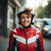 jovem legal mulher vestindo motocicleta engrenagem e capacete, ai gerado foto