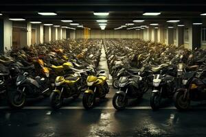 motocicletas estacionado em a motocicletas estacionamento muitos , ai gerado foto