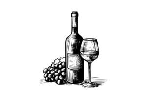 vinho garrafa e vidro do vinho e uvas. mão desenhado gravação esboço estilo vetor ilustrações. foto