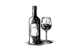 vinho garrafa e vidro. mão desenhado gravação esboço estilo vetor ilustrações. foto