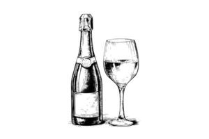 garrafa com champanhe e vinho vidro gravação estilo arte, mão desenhado esboço vetor ilustração foto