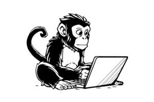 macaco com computador portátil. tinta esboço gravação vetor ilustração. foto