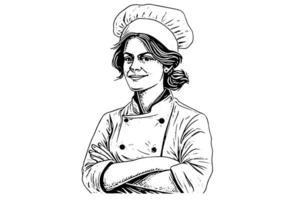 mulher chefe de cozinha tinta esboço dentro gravação estilo. desenhando jovem fêmea vetor ilustração. foto
