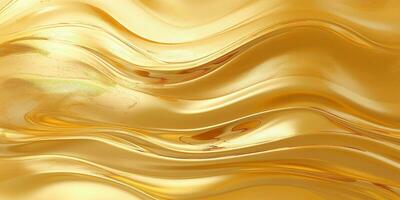 dourado fluido fundo. líquido amarelo metal papel de parede. glamour redemoinho ouro textura. 3d ondulado fluxo abstração. foto
