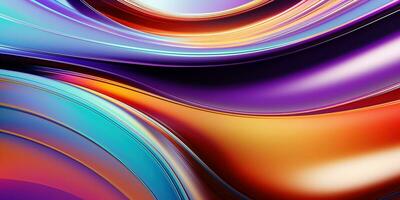 metálico arco Iris gradiente ondas abstrato fundo. iridescente cromada ondulado superfície. líquido superfície, ondulações, reflexões. 3d render ilustração. foto