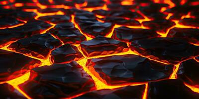 fundido lava textura fundo. terra quente lava. queimando carvões, rachadura superfície. abstrato natureza padrão, brilho desbotado chama. 3d render ilustração. foto